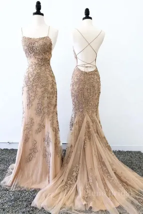 Champagne Mermaid Backless Lace Appliques Long Prom Dresses, Champagne Lace Formal Dresses, Champagne Graduation Evening Dresses