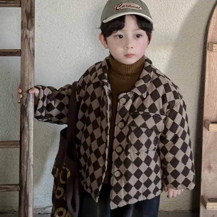 Checkerboard Diamond Padded Coat (Brown Grey)