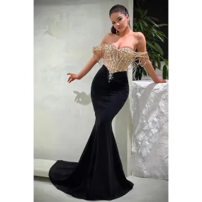 Chic & Modern Off-shoulder Velvet Beaded Sheer Long Formal Evening Dress