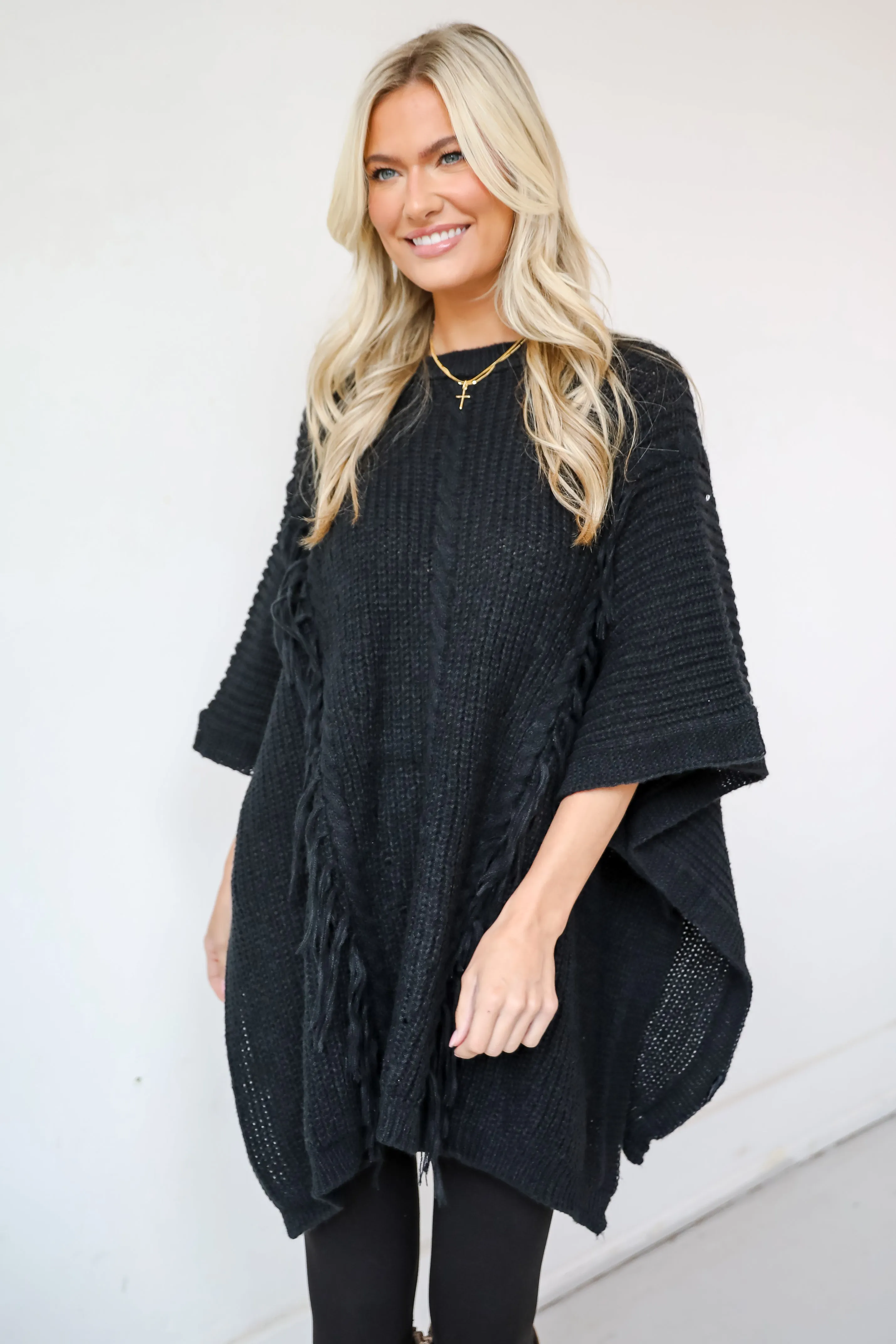 Chic Warmth Black Knit Poncho - DOORBUSTER