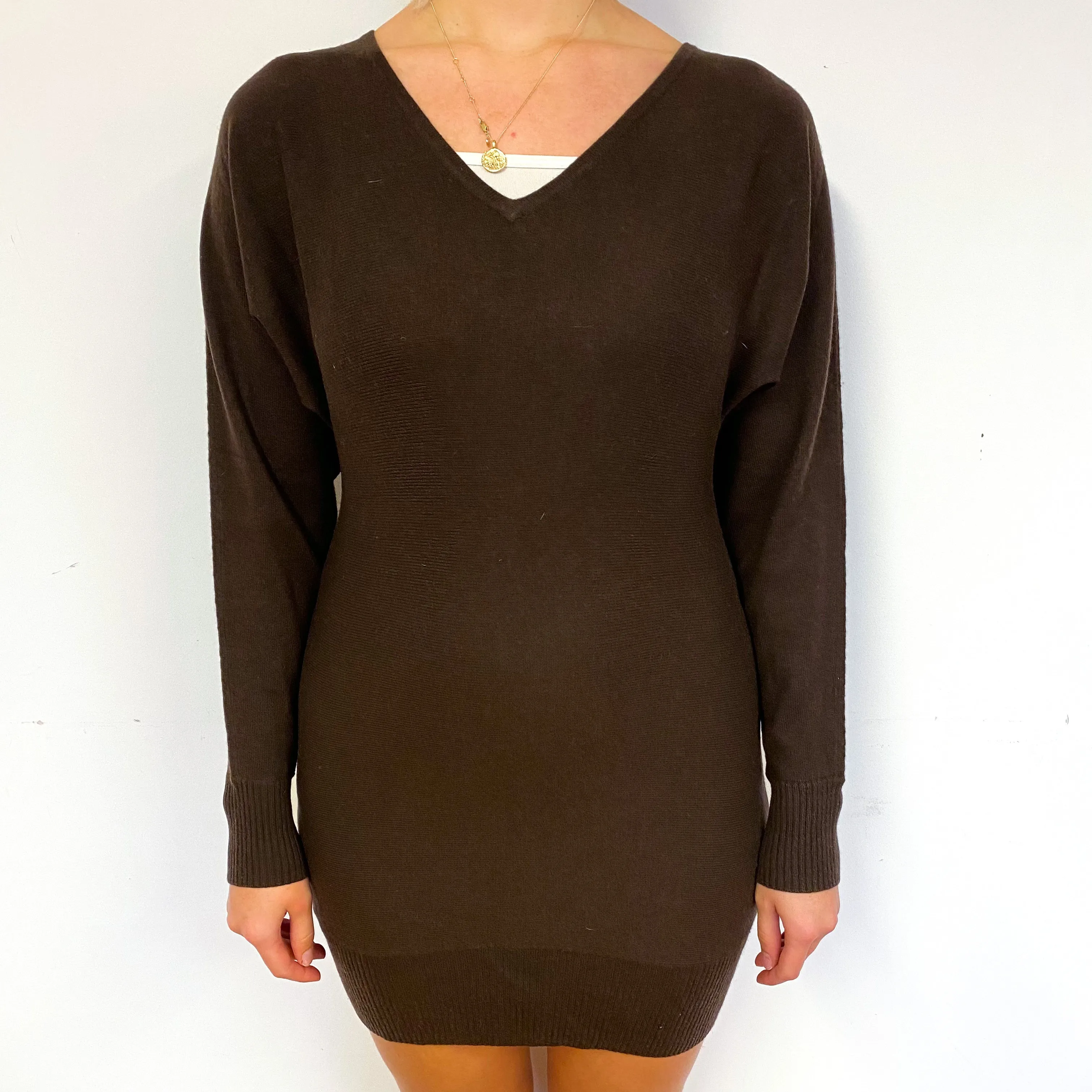 Chocolate Brown V Neck Batwing Tunic Style Jumper Small