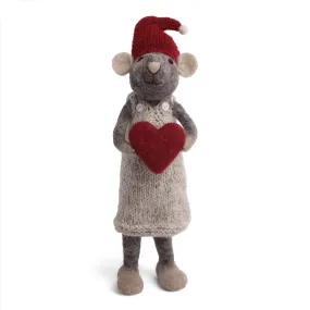 Christmas Figurine - Winter Mouse Girl (Large) with Heart (Grey)