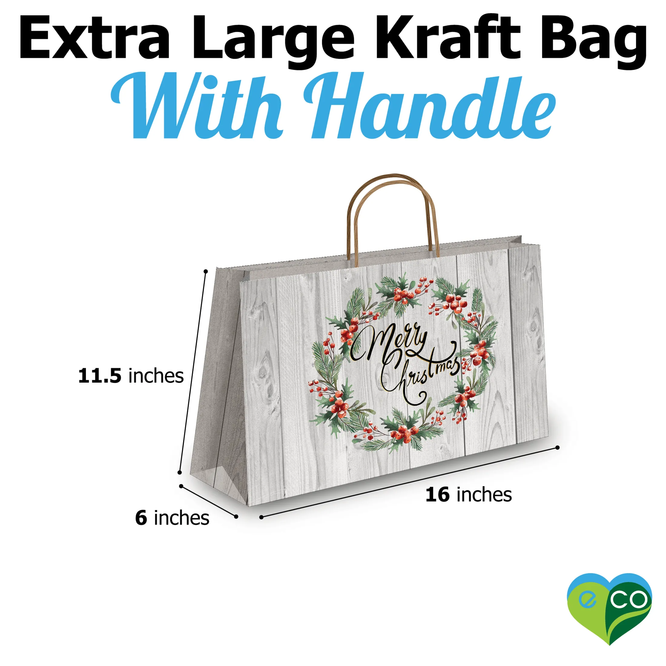 Christmas Wreath Vogue Kraft Shopping Bags with Handles (11.5x16x6 inches)