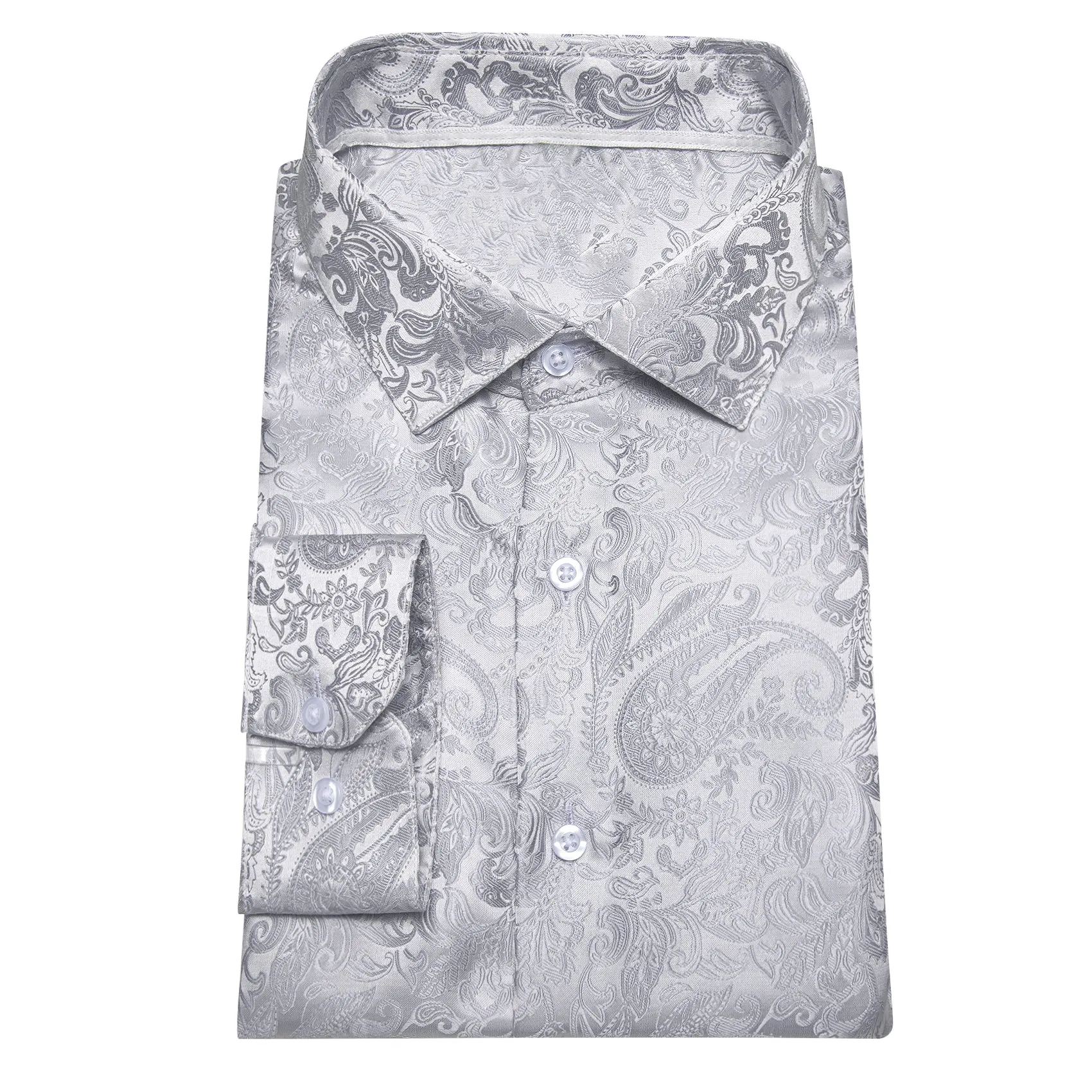 Classic Pure Silver Paisley Silk Men's Casual Business Long Sleeve Shirt