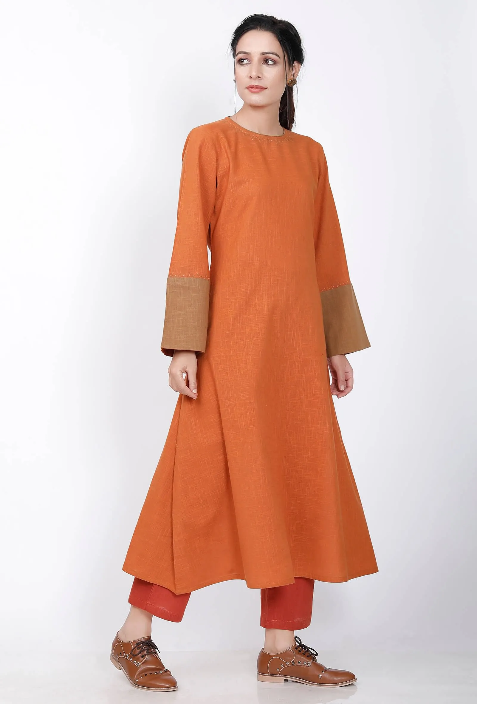 Color Blocked Rust Orange A-line kurta