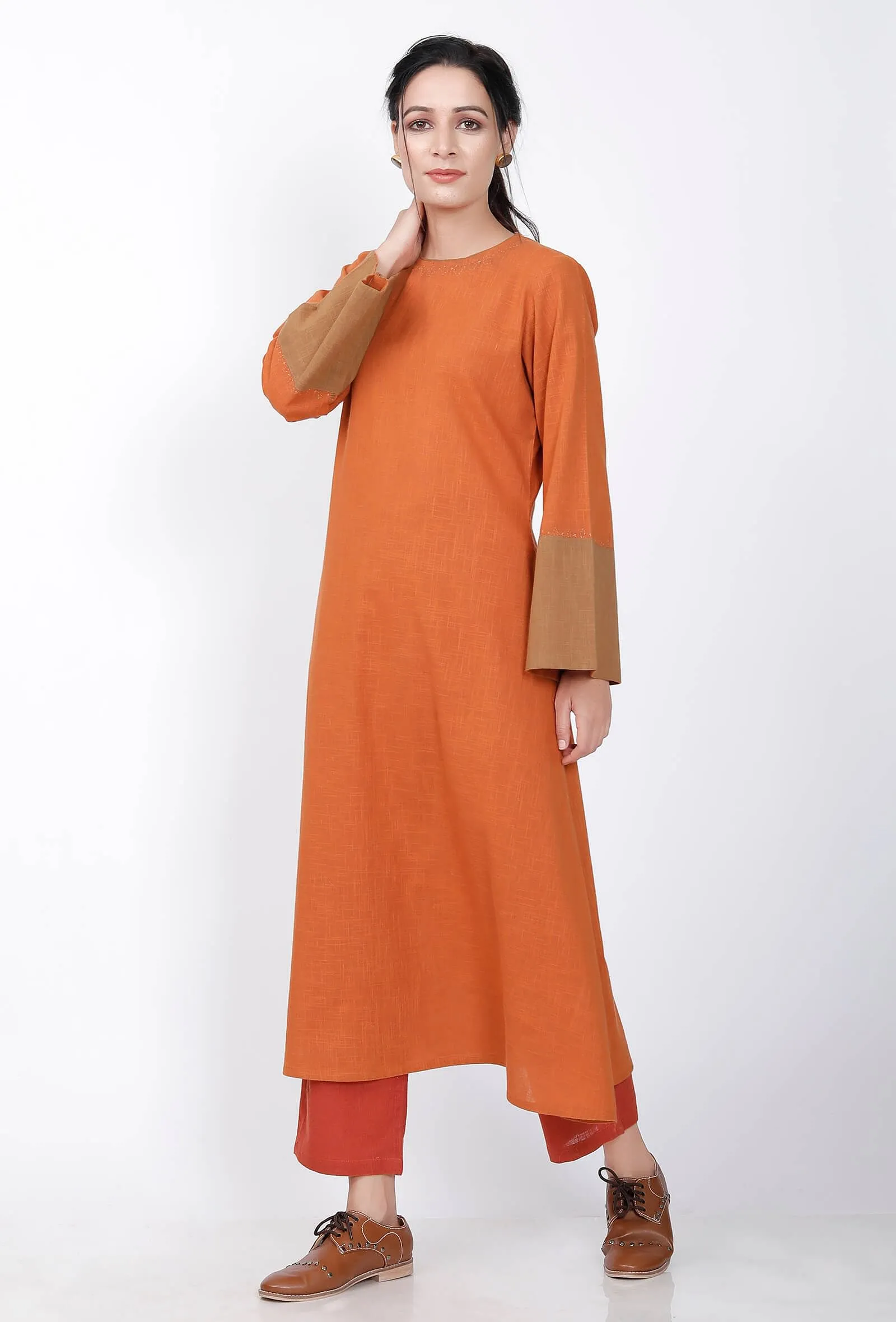 Color Blocked Rust Orange A-line kurta