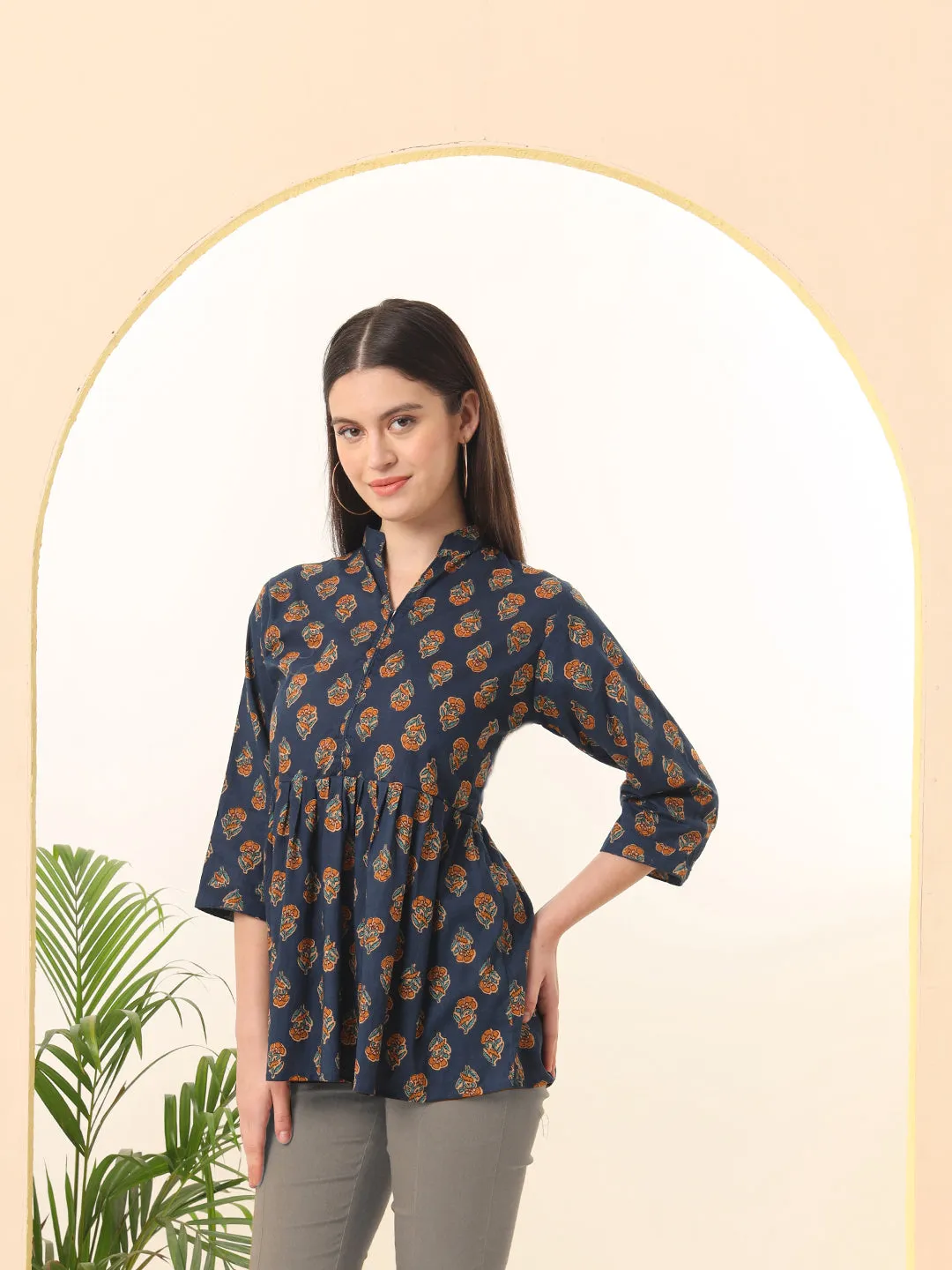 Ekisha's women navy floral designer printed cotton tunic top short kurti