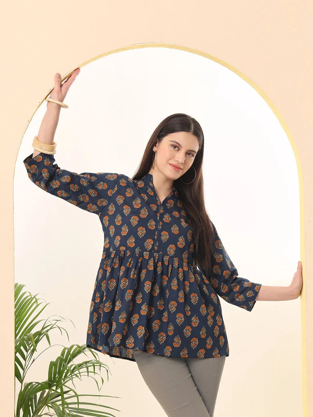 Ekisha's women navy floral designer printed cotton tunic top short kurti