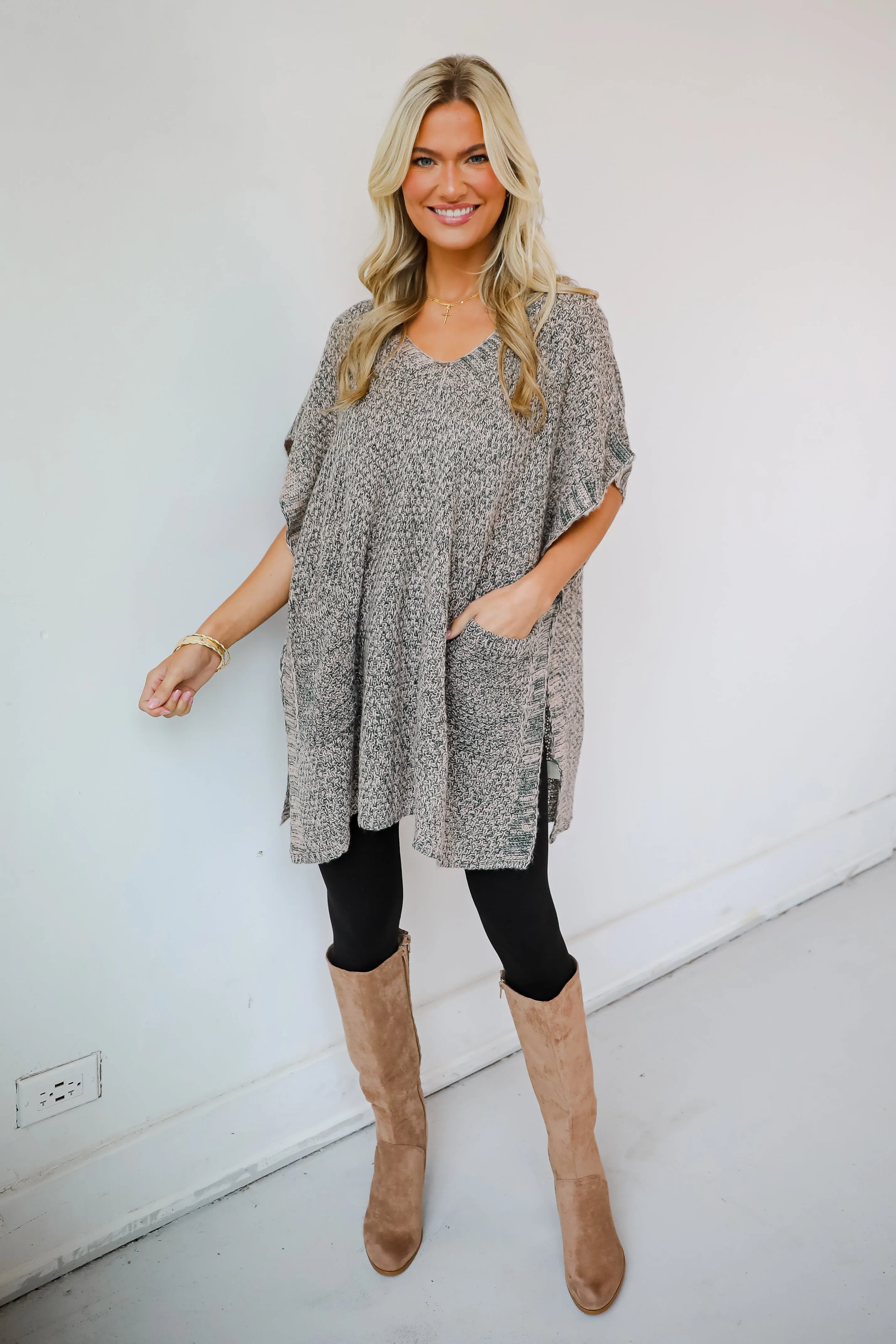 FINAL SALE - Perfectly Toasty Taupe Knit Poncho - DOORBUSTER