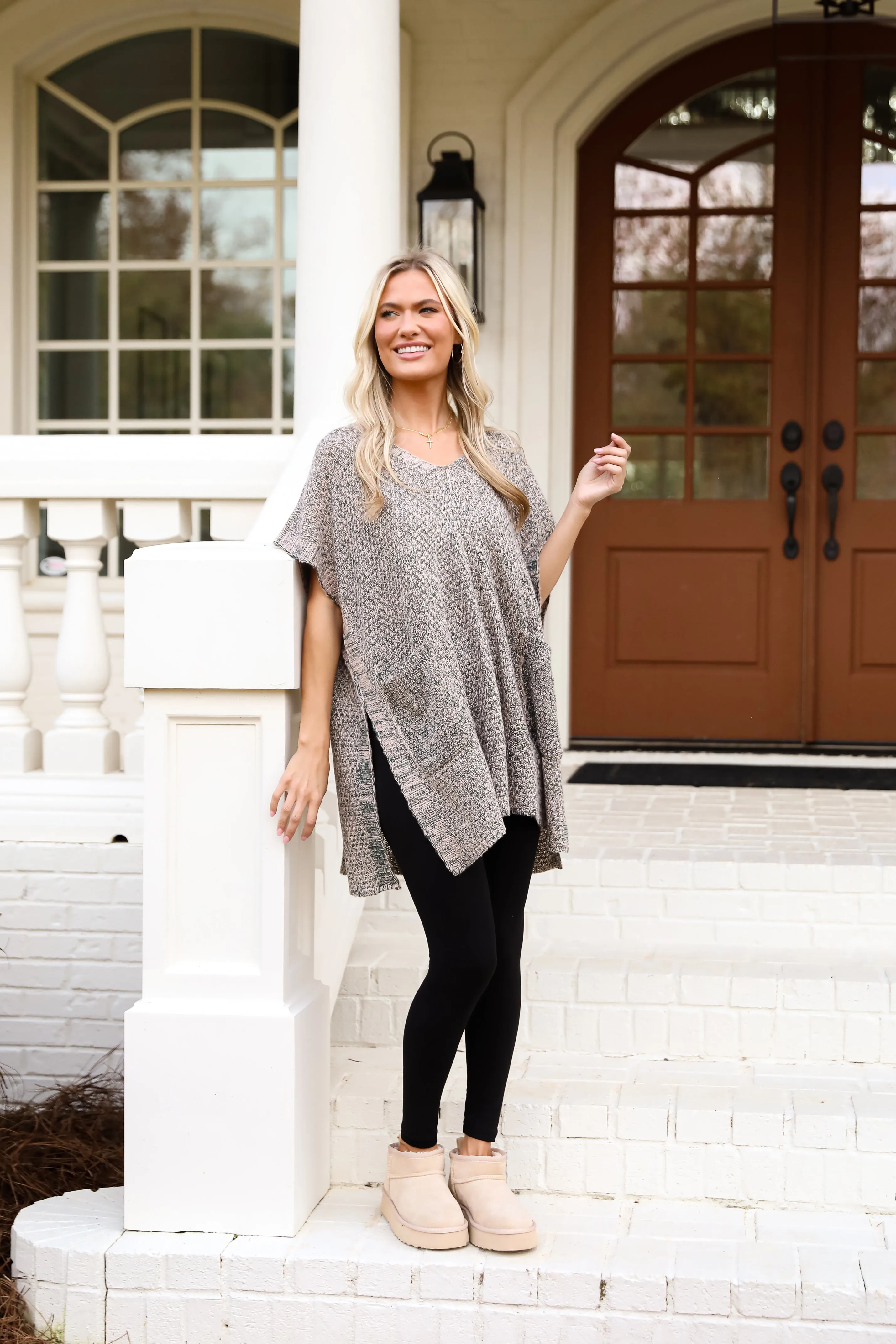 FINAL SALE - Perfectly Toasty Taupe Knit Poncho - DOORBUSTER