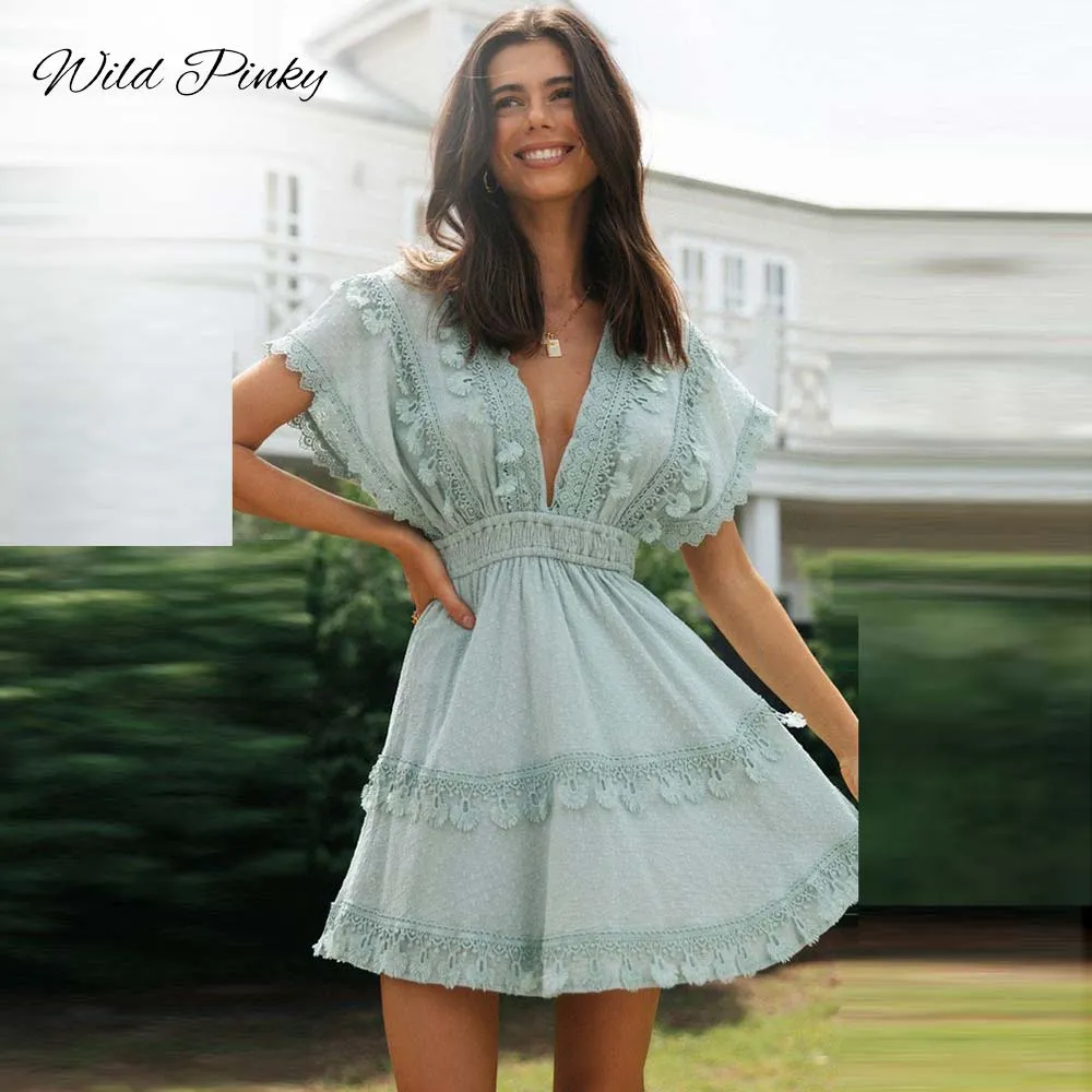 Flirty Lace-Up Batwing Sleeve Mini Dress