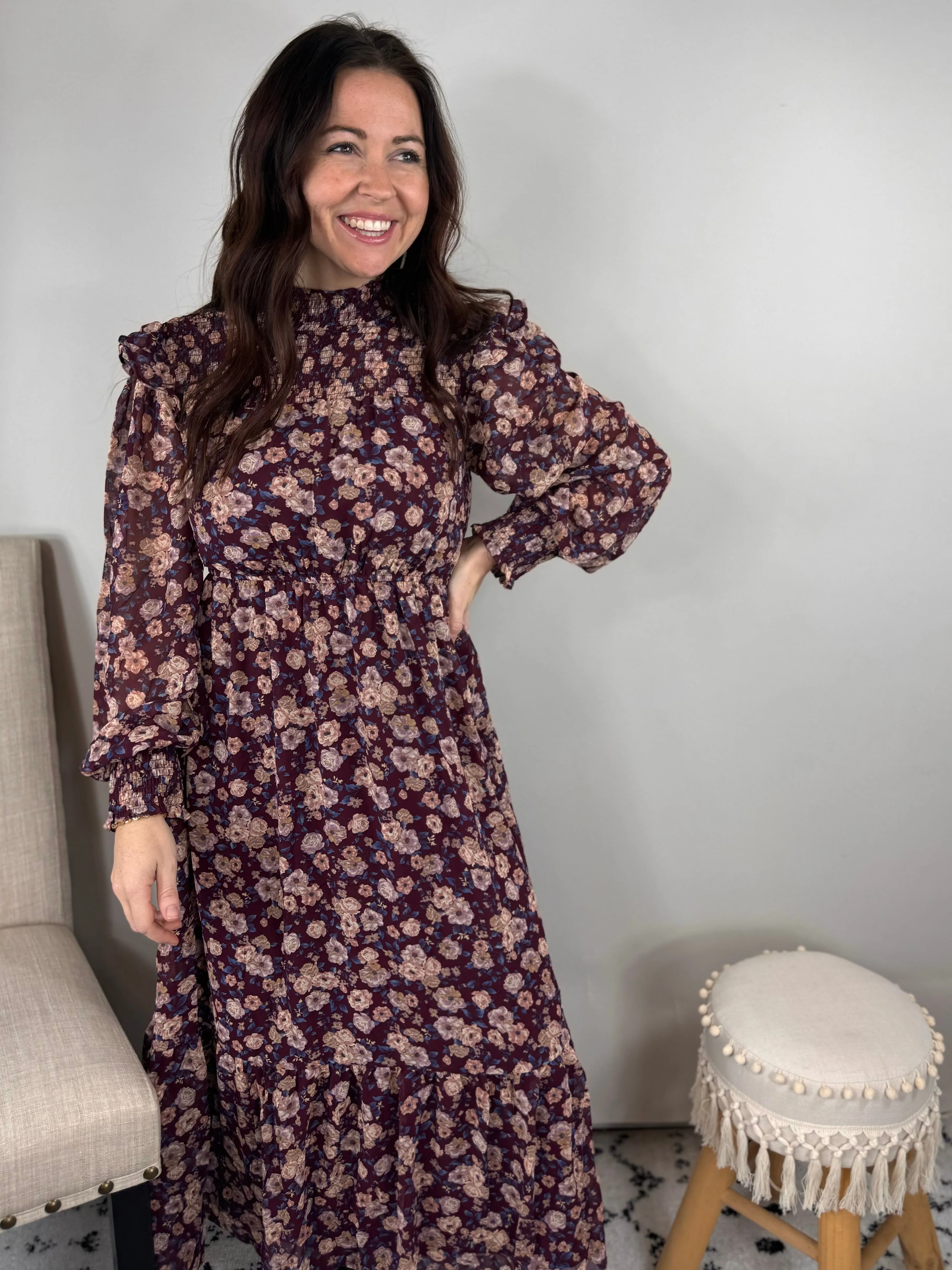 Full Of Floral Burgundy Midi Dress