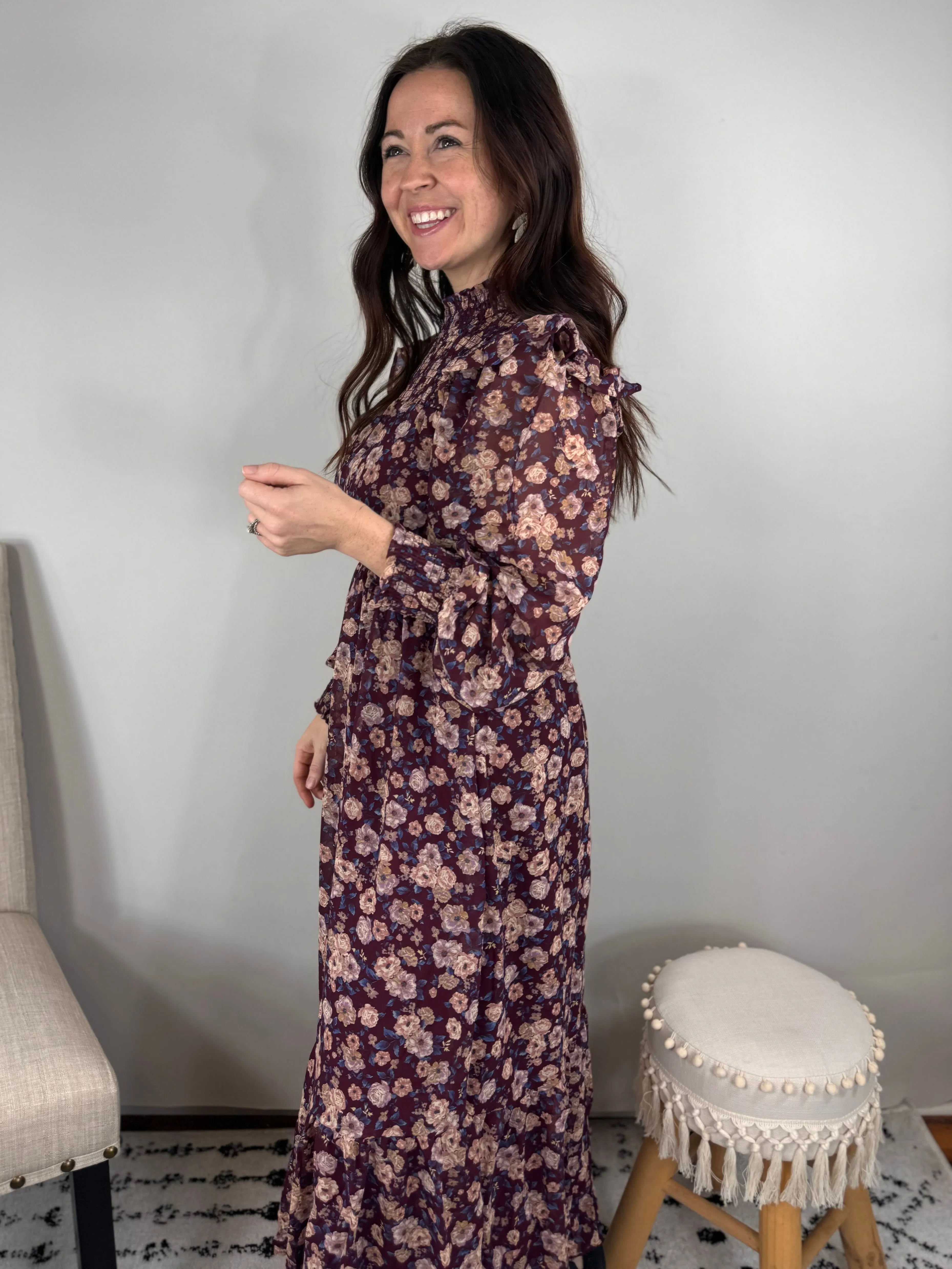 Full Of Floral Burgundy Midi Dress