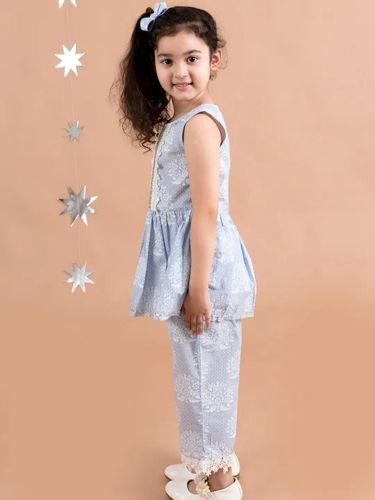 Girls Blue Floral Printed Pleated Pure Cotton Kurti With Trousers With Dupatta - Ps Peaches