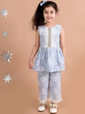 Girls Blue Floral Printed Pleated Pure Cotton Kurti With Trousers With Dupatta - Ps Peaches