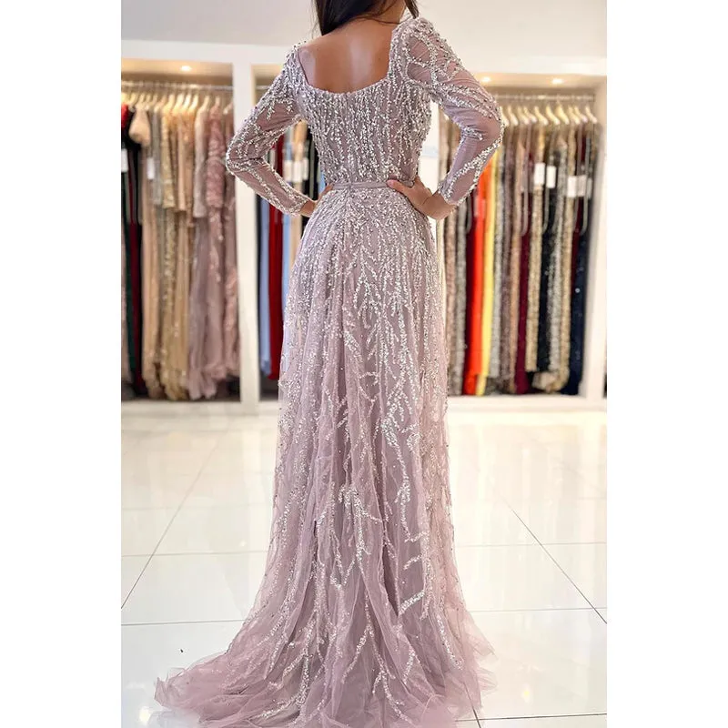 Glamorous Dramatic Square Long Sleeves Sparkly Mermaid Formal Party Prom Dress with Feathe