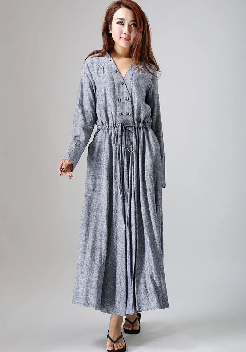 gray linen dress woman causal dress long sleeve dress custom made 0791#