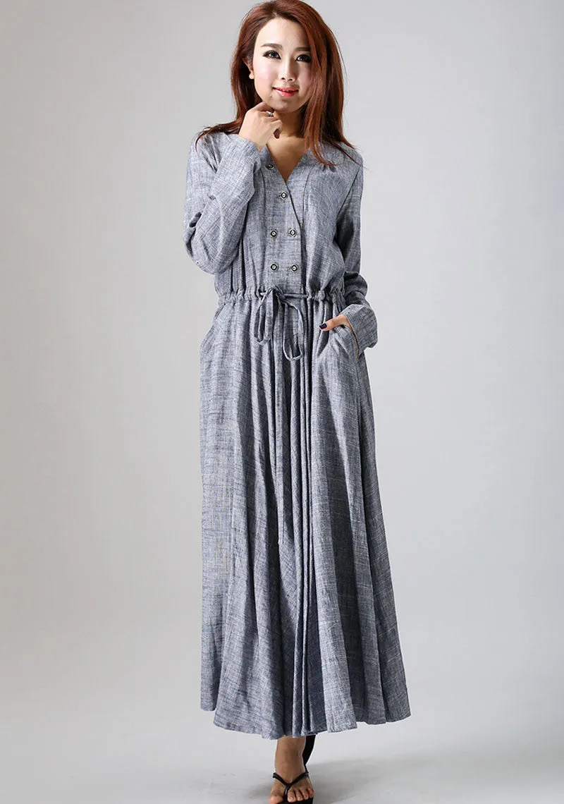 gray linen dress woman causal dress long sleeve dress custom made 0791#