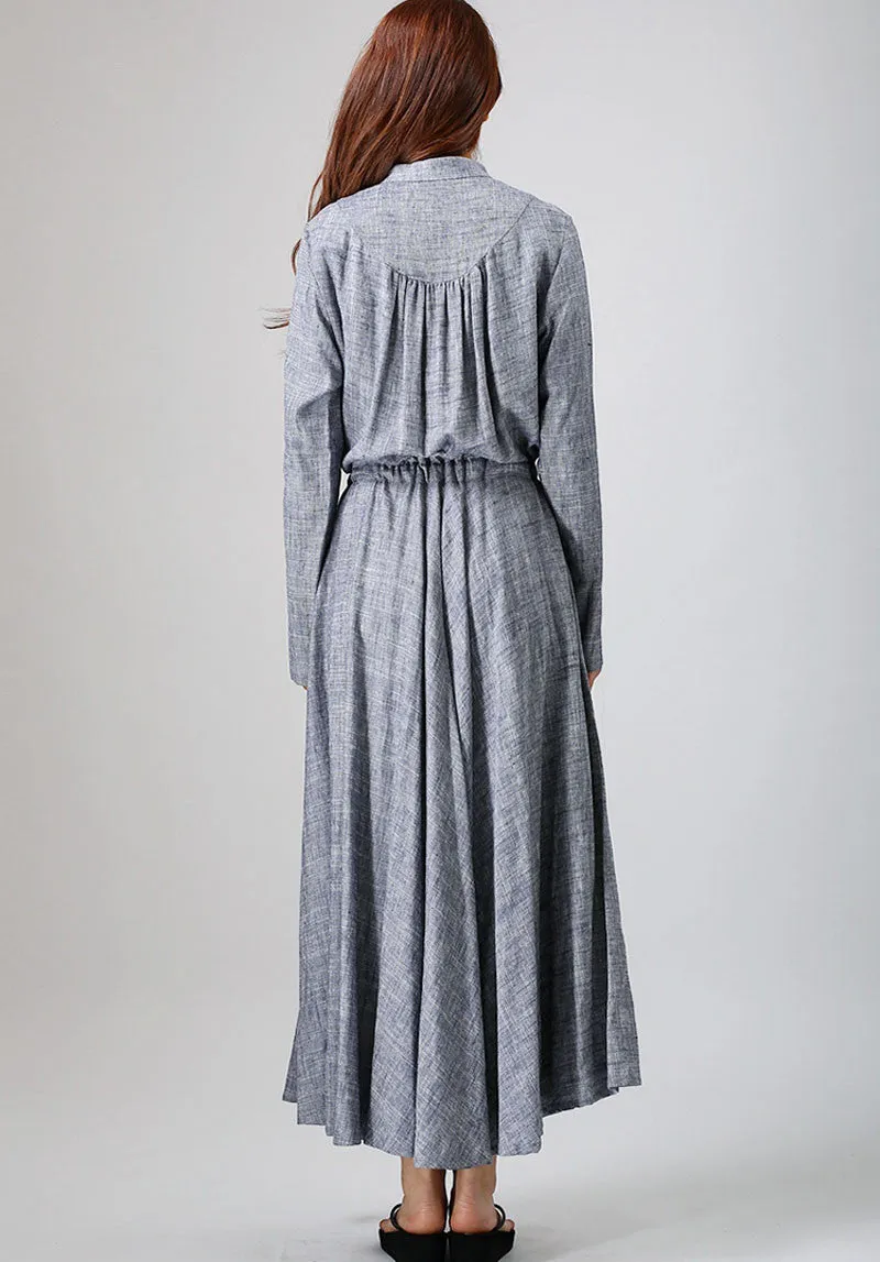 gray linen dress woman causal dress long sleeve dress custom made 0791#