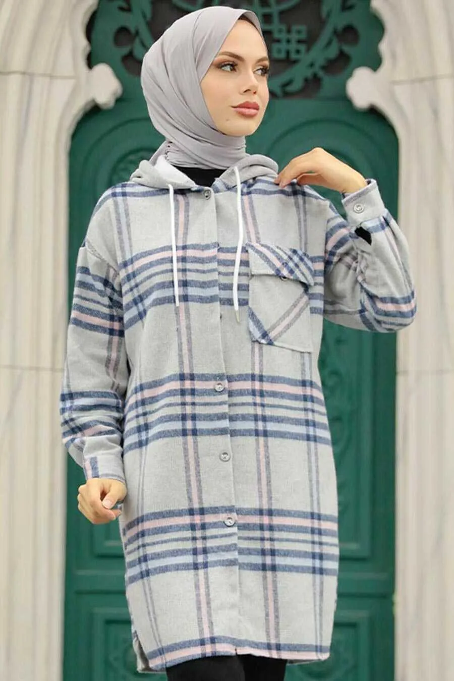 Gray Plaid Hooded Overshirt