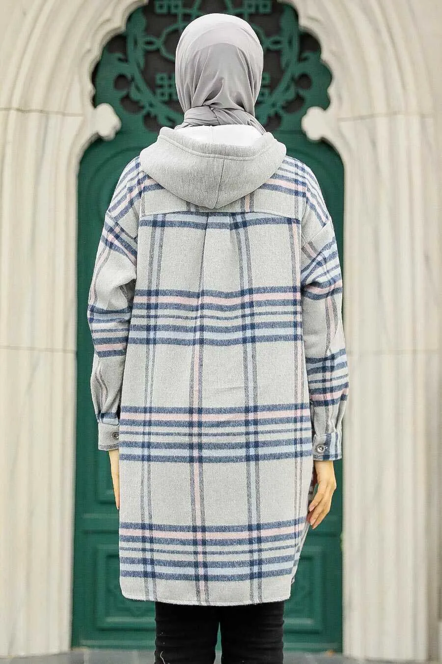 Gray Plaid Hooded Overshirt