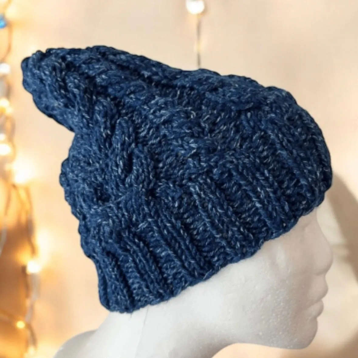 Handknit Dark Blue Cable Knitted Beanie with Denim Effect | blue knit hat | adult women or men beanie | Winter knit slouchy hat