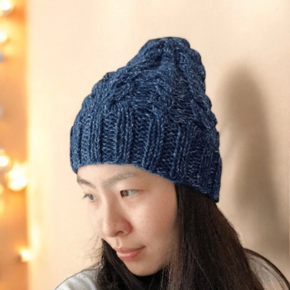 Handknit Dark Blue Cable Knitted Beanie with Denim Effect | blue knit hat | adult women or men beanie | Winter knit slouchy hat