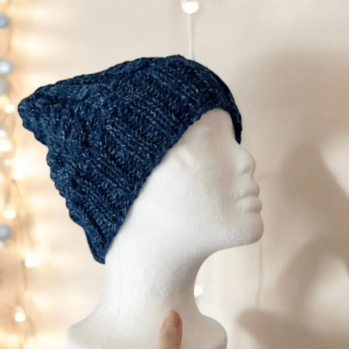 Handknit Dark Blue Cable Knitted Beanie with Denim Effect | blue knit hat | adult women or men beanie | Winter knit slouchy hat