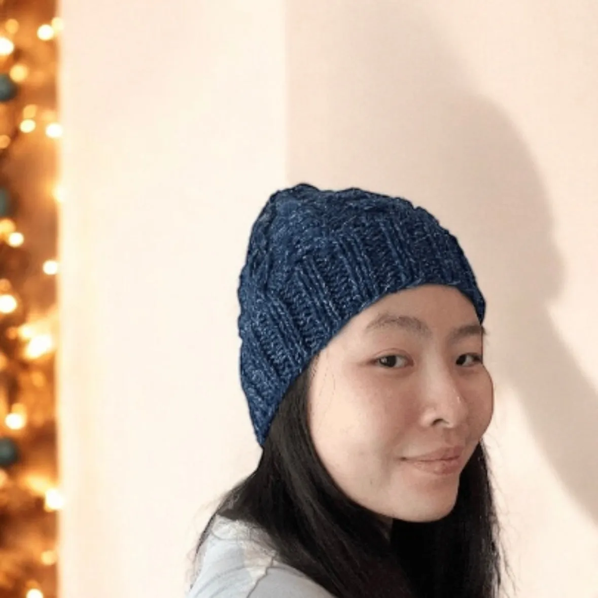 Handknit Dark Blue Cable Knitted Beanie with Denim Effect | blue knit hat | adult women or men beanie | Winter knit slouchy hat