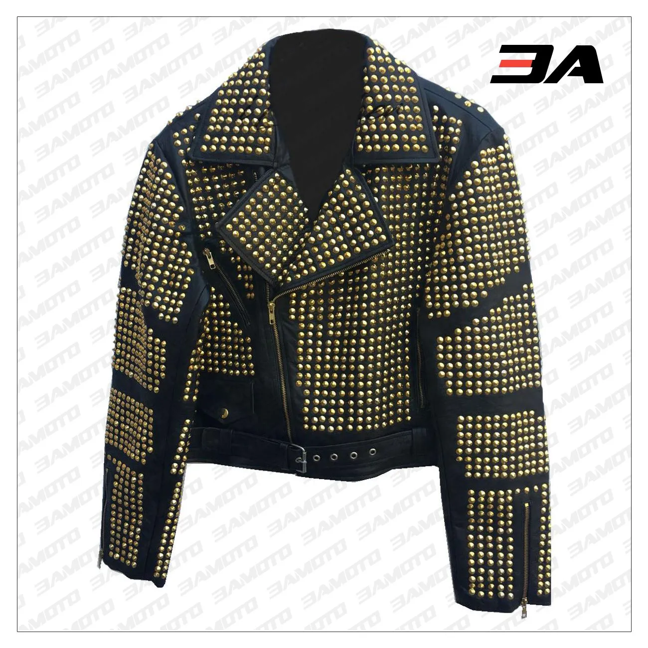 Handmade Womens Black Fashion Golden Studded Punk Style Leather Jacket