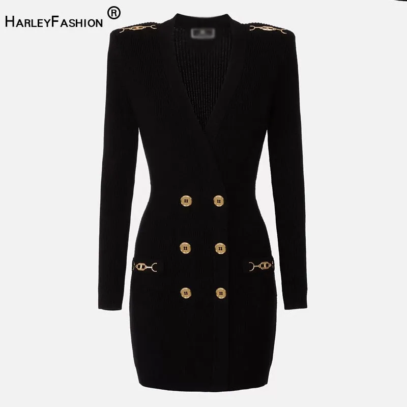 HarleyFashion Elegant Women Fall Sexy V-neck Chain Patchwork Classic Black Knitting Sweater Slim Quality Street Straight Dress