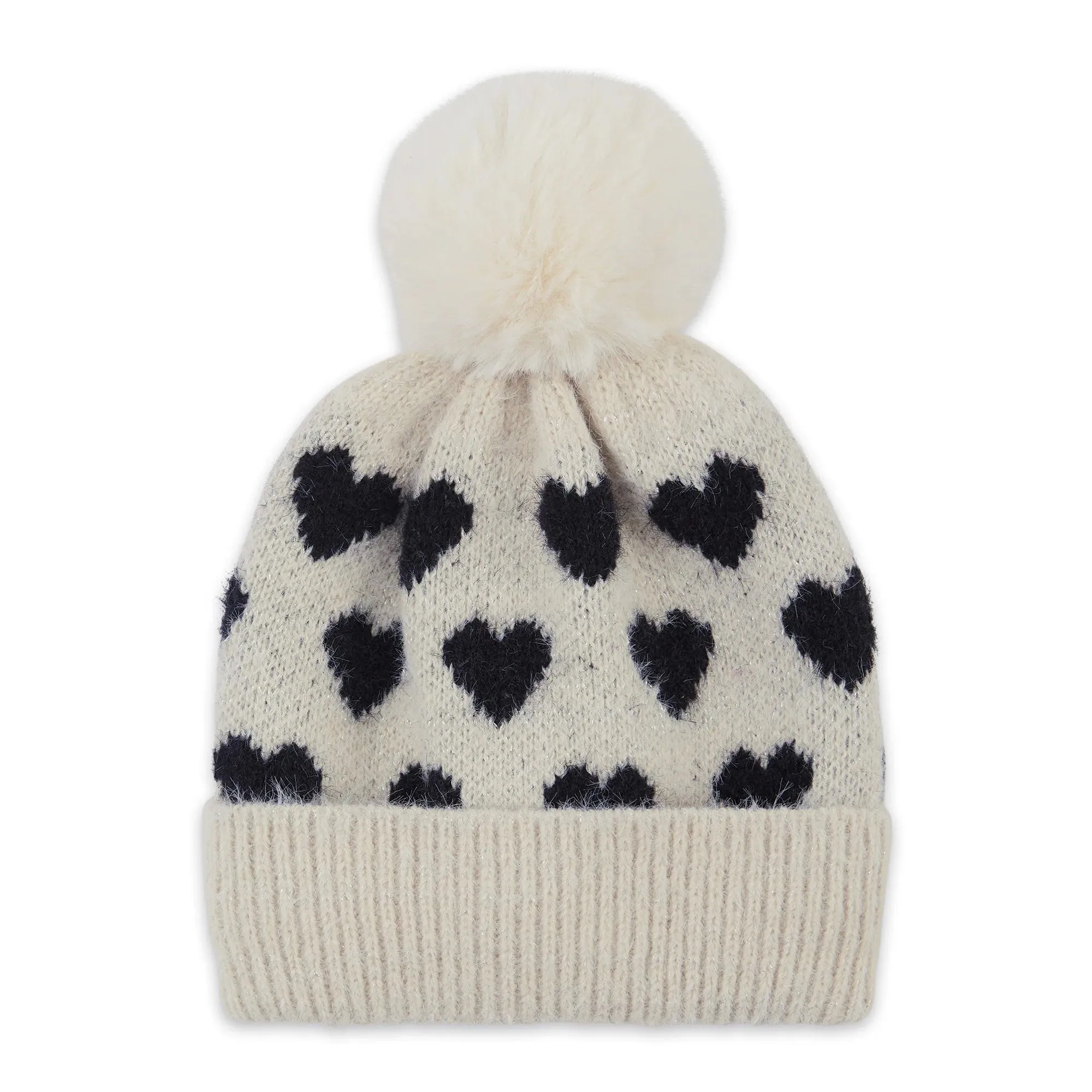 Heart Beanie in Cream | Winter Shimmer Knit Hat | One Size Fits Most