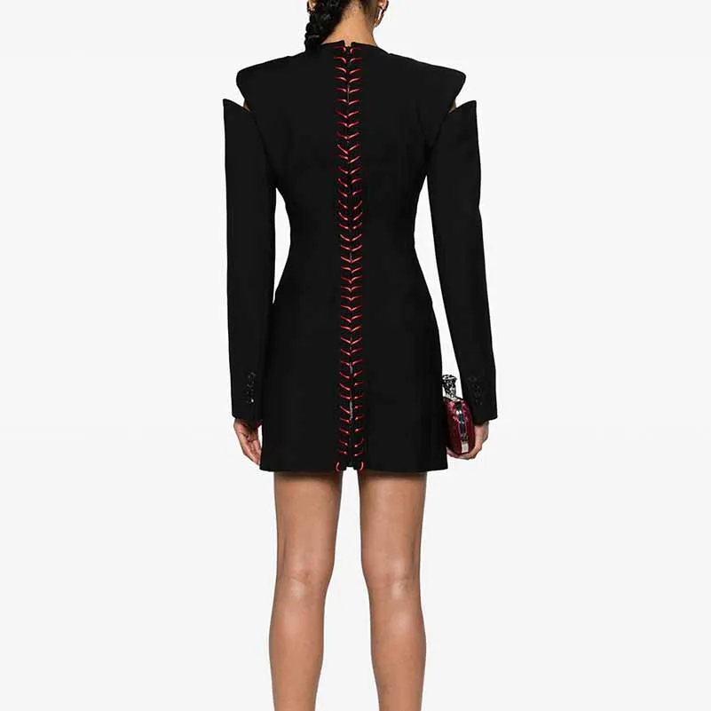 Hollow Out Mini Dress Long Sleeve Whipstitch-detailing Black Short Dress