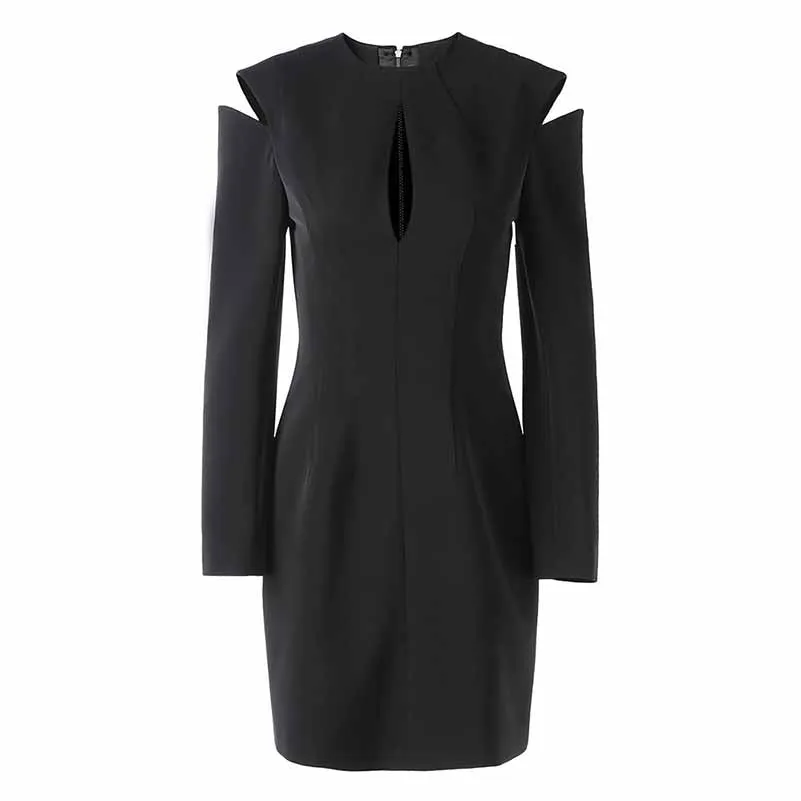 Hollow Out Mini Dress Long Sleeve Whipstitch-detailing Black Short Dress