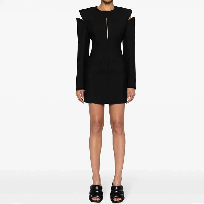 Hollow Out Mini Dress Long Sleeve Whipstitch-detailing Black Short Dress