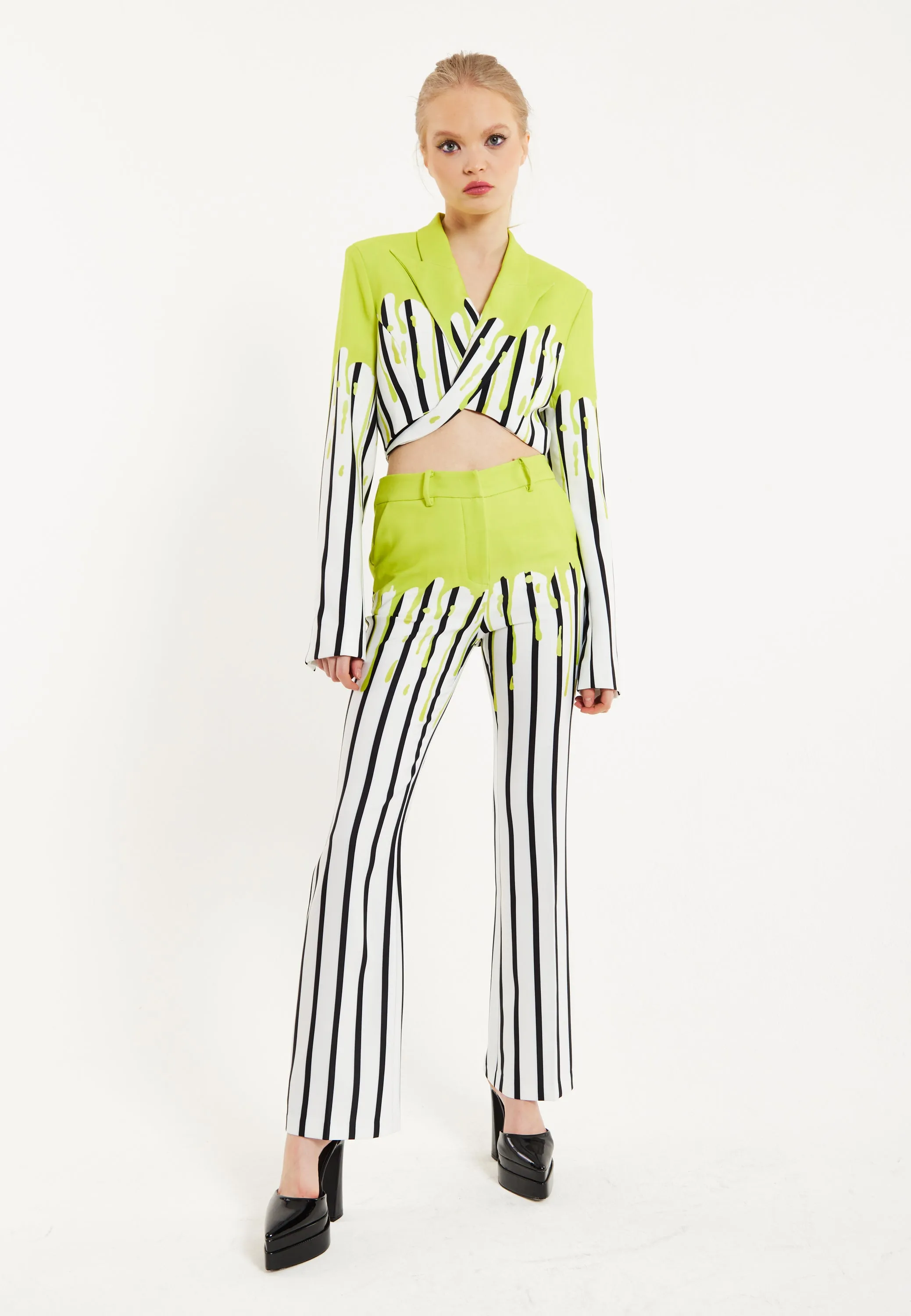 House Of Holland Stripe Monochrome Acid Green Splash Trousers