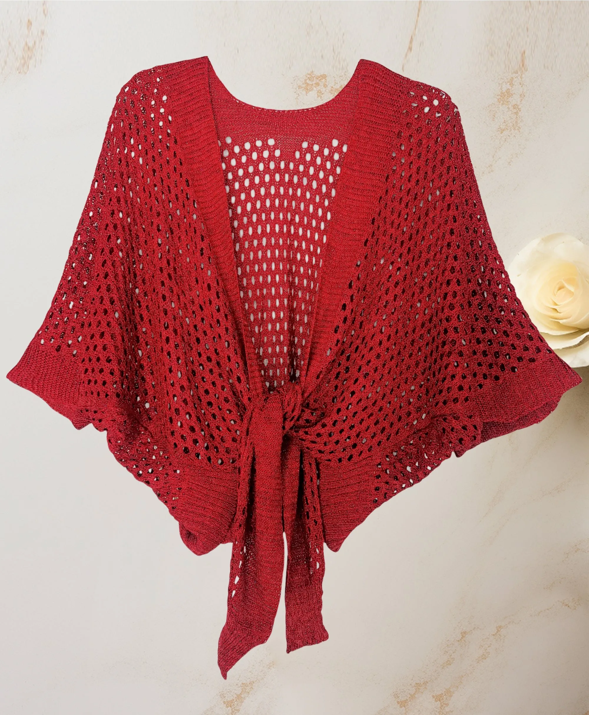 JC063344 Eyelet Open-Knit Metallic Cardigan with Front Tie