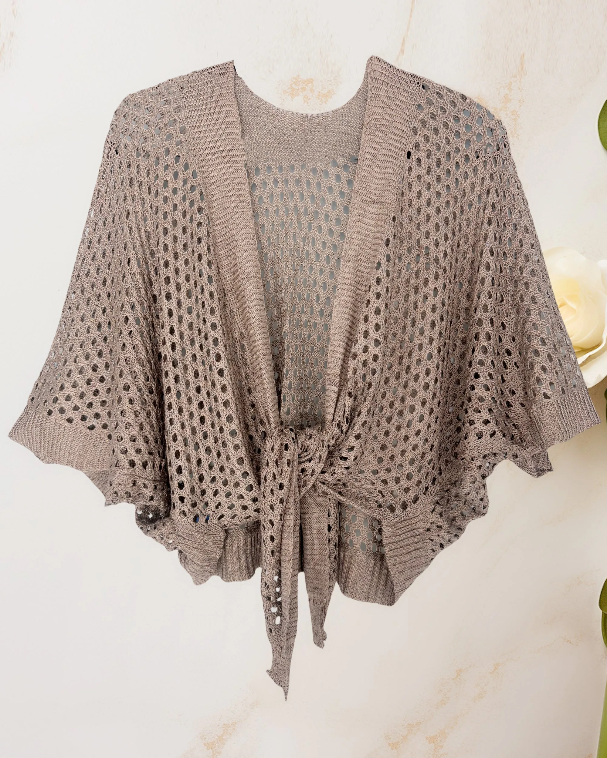 JC063344 Eyelet Open-Knit Metallic Cardigan with Front Tie