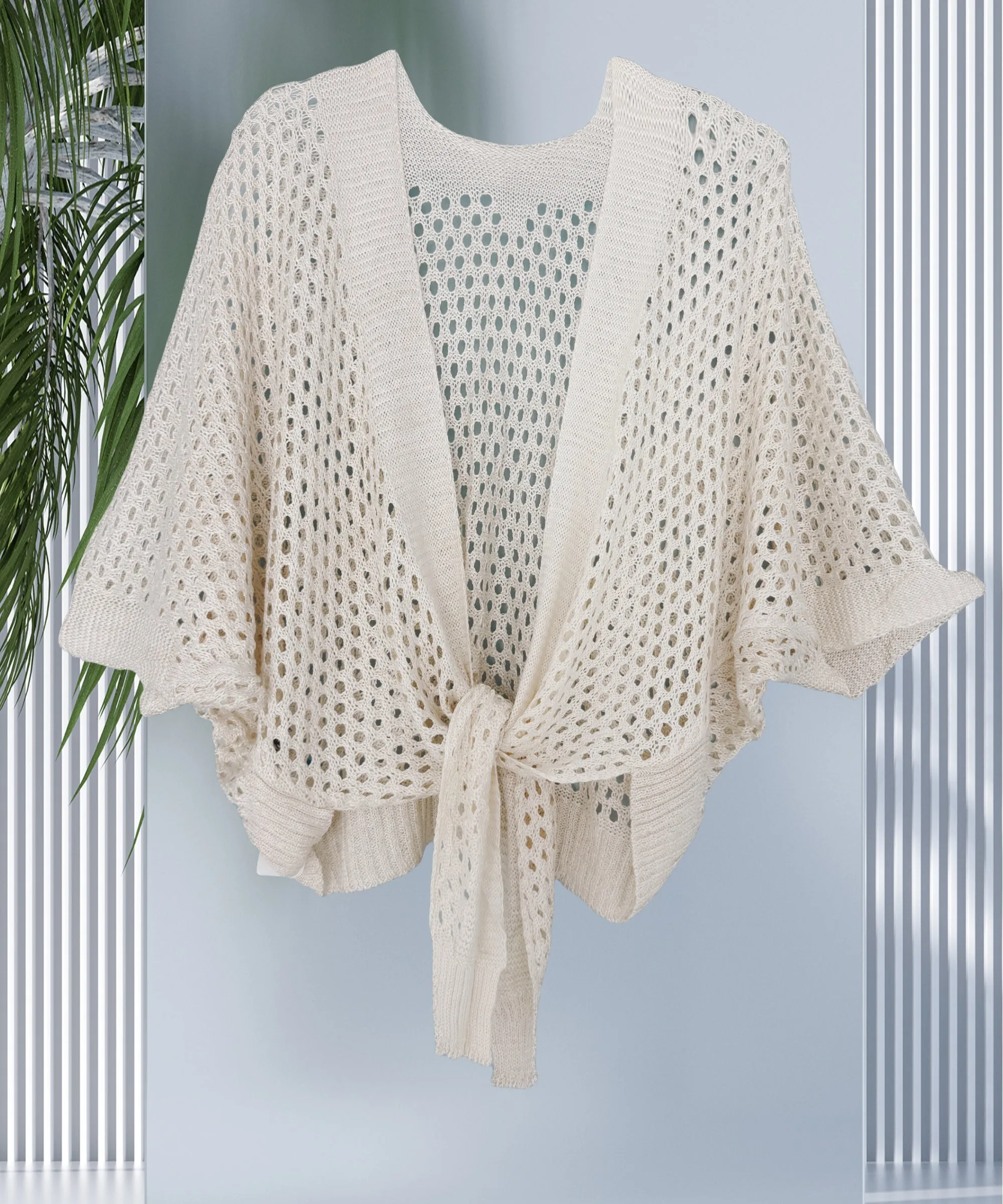 JC063344 Eyelet Open-Knit Metallic Cardigan with Front Tie