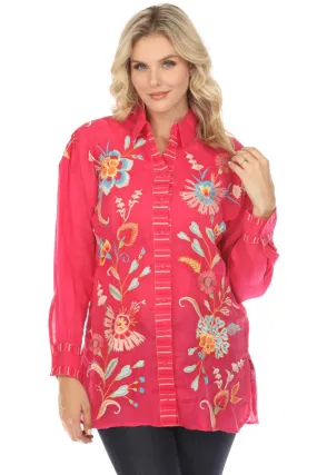 Johnny Was Workshop Pink Joele Bias Yoke Shirt Tunic Top W29824 Boho Chic