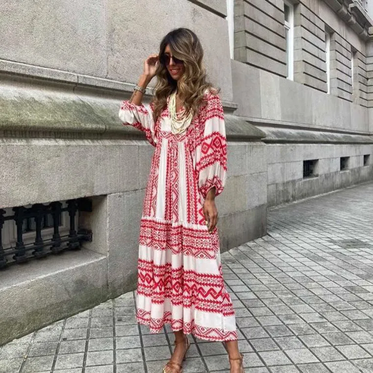 JuliaFashion - 2024 Women Printed V-Neck Boho Drawstring Loose Holiday Beach Dress