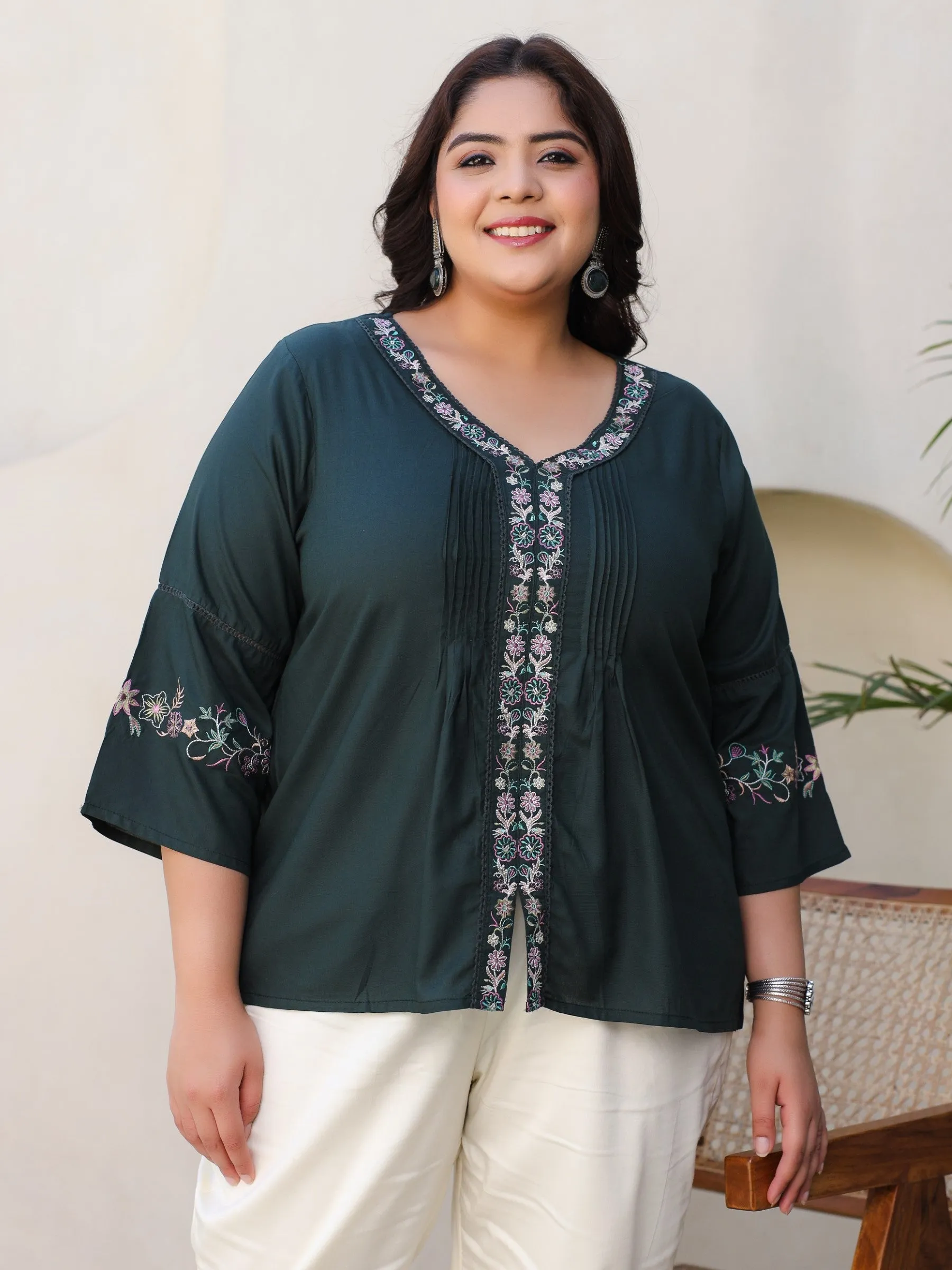 Juniper Green Modal Rayon Embroidered Plus Size Tunic With Pintucks At Front