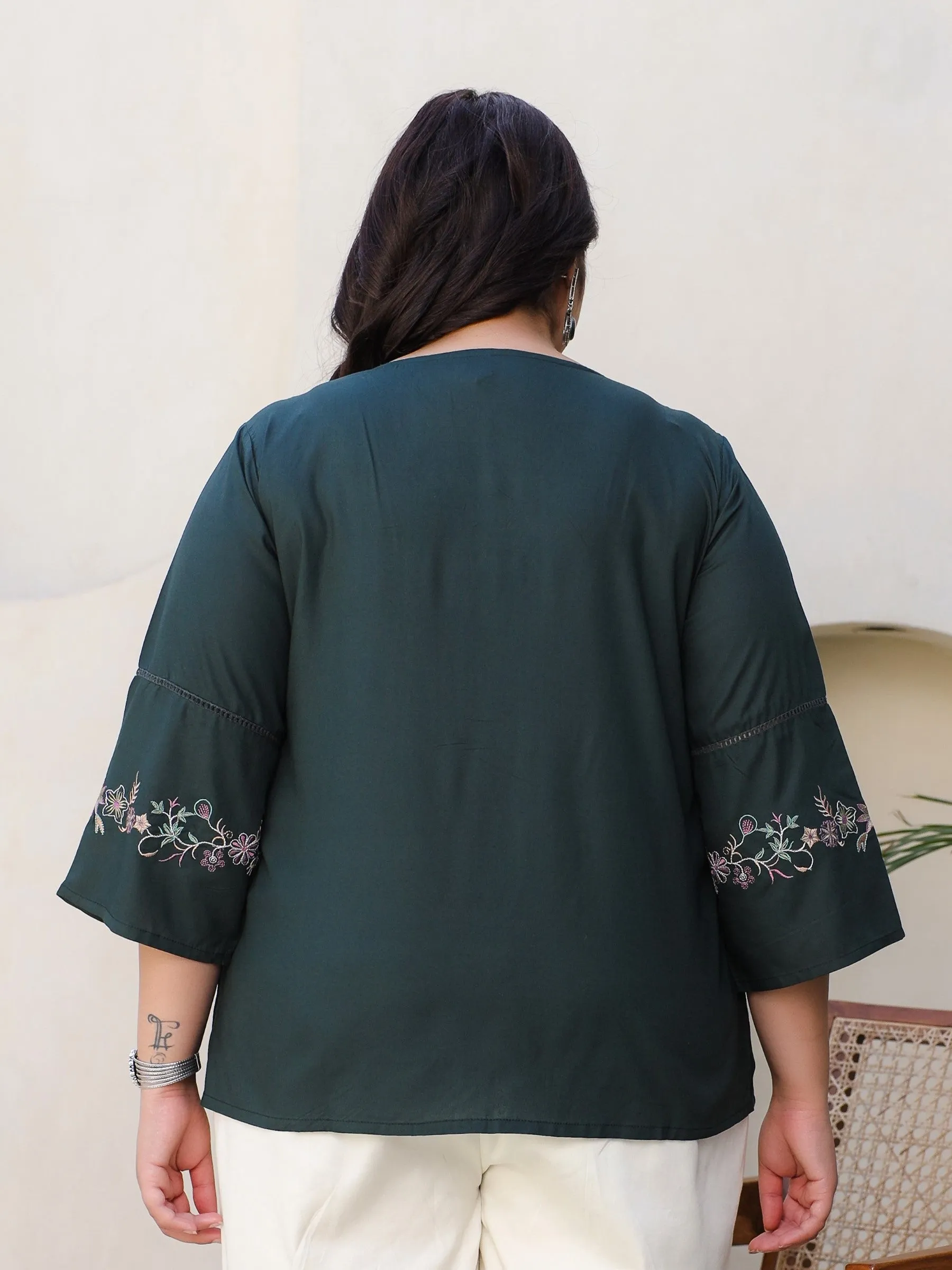 Juniper Green Modal Rayon Embroidered Plus Size Tunic With Pintucks At Front