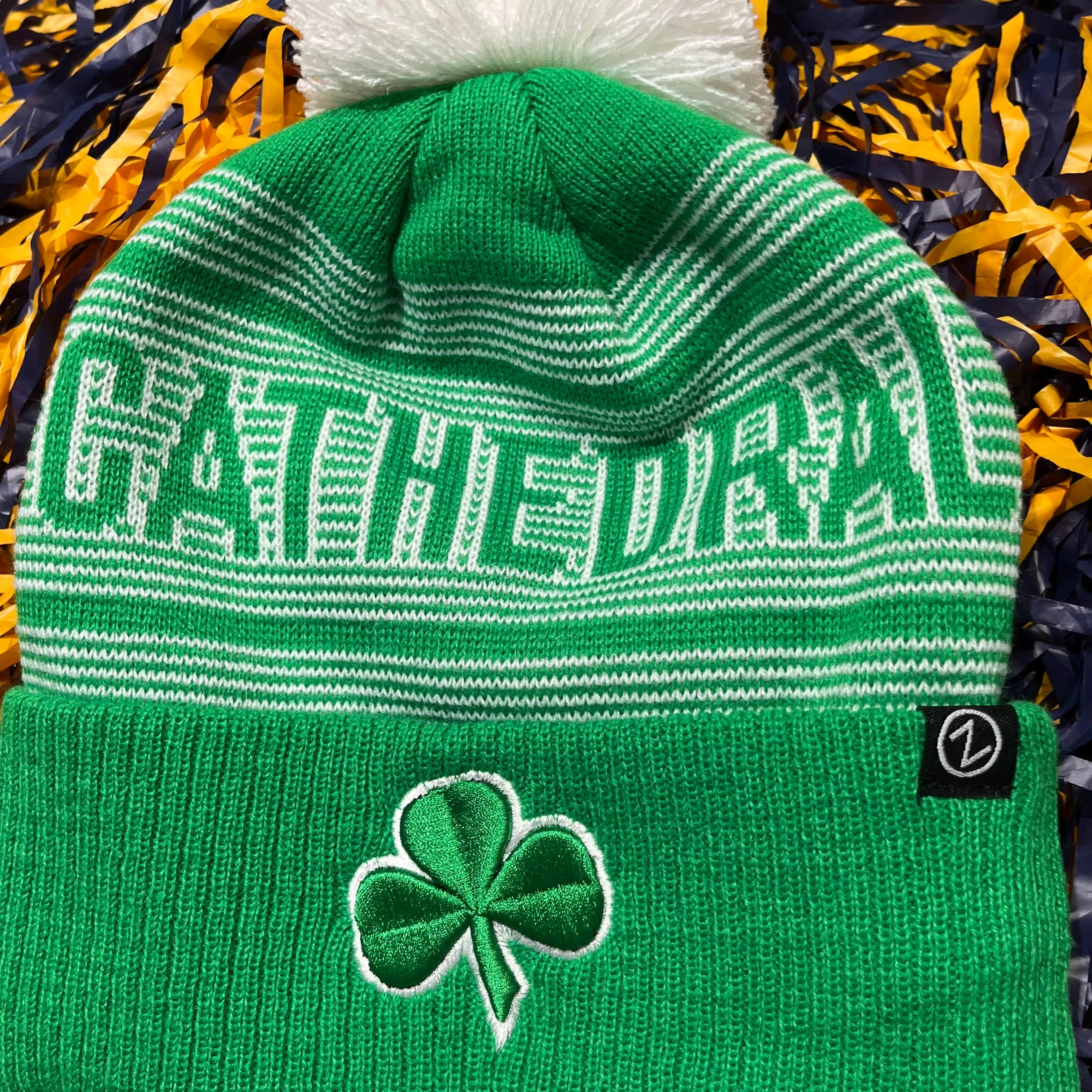 Kelly Green Striped Cathedral Pom Pom Beanie