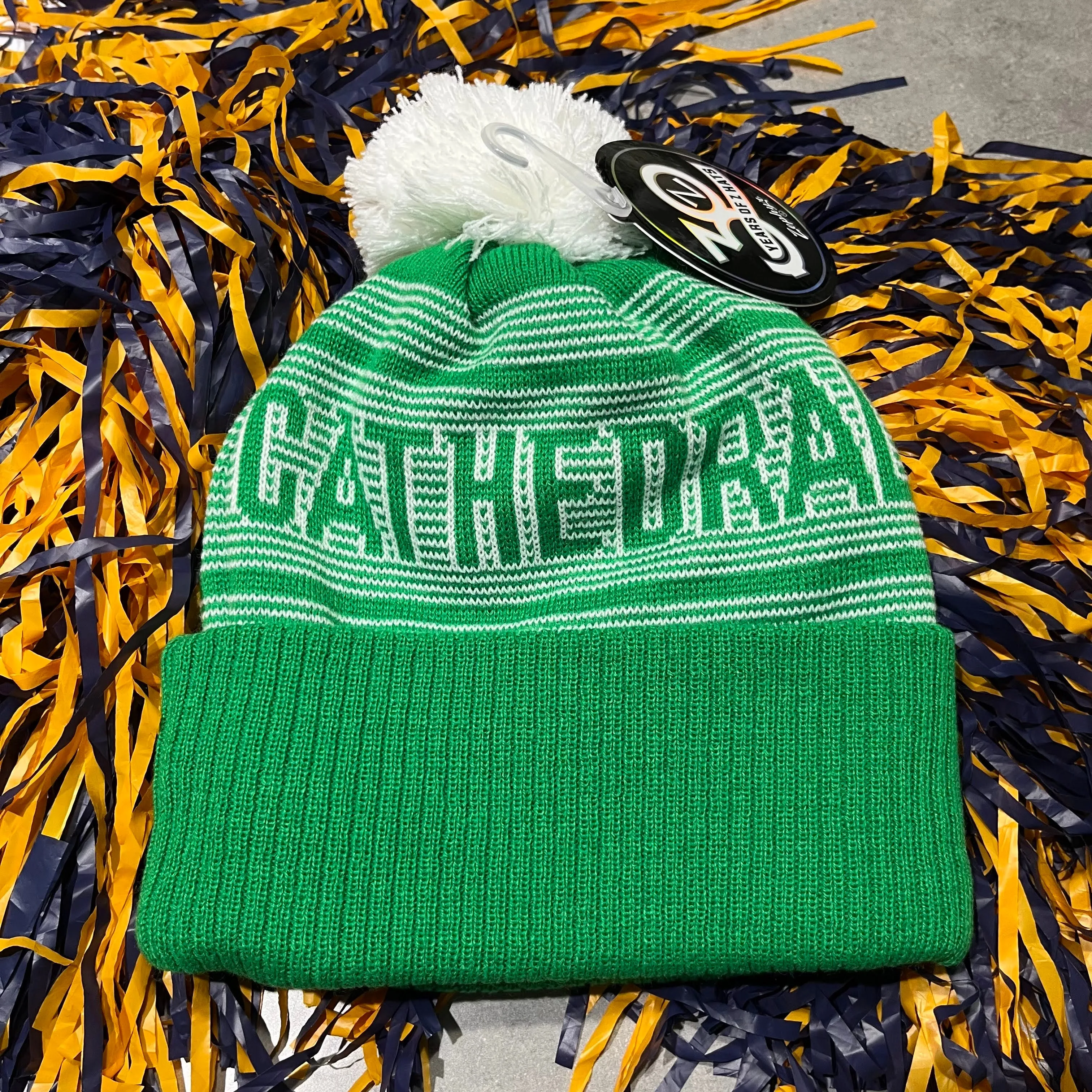 Kelly Green Striped Cathedral Pom Pom Beanie