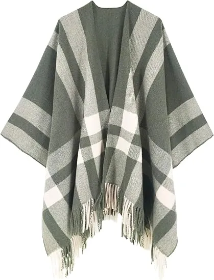 Khaki-Blue Winter Chic Plaid Poncho Cardigan