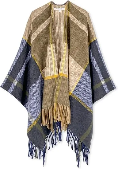 Khaki-Blue Winter Chic Plaid Poncho Cardigan