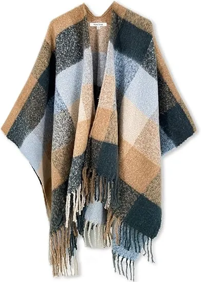 Khaki-Blue Winter Chic Plaid Poncho Cardigan