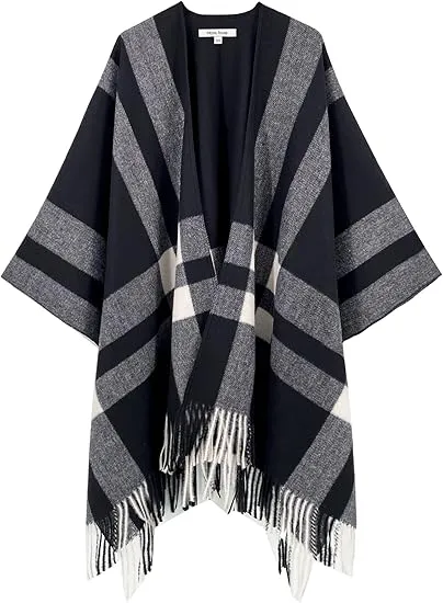 Khaki-Blue Winter Chic Plaid Poncho Cardigan