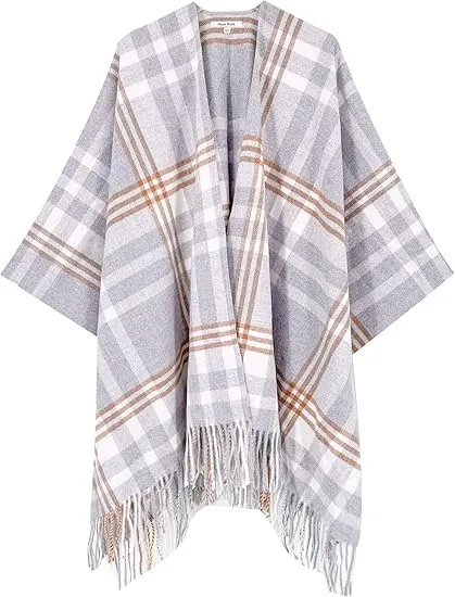 Khaki-Blue Winter Chic Plaid Poncho Cardigan